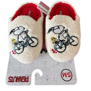 NEW Peanuts Snoopy Bicycle & Heart Slippers Cream Red Sherpa Mules Ground Up SM